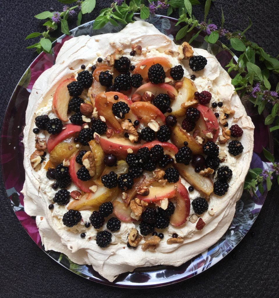 Hedgerow Pavlova with Apples, Blackberries and Nuts