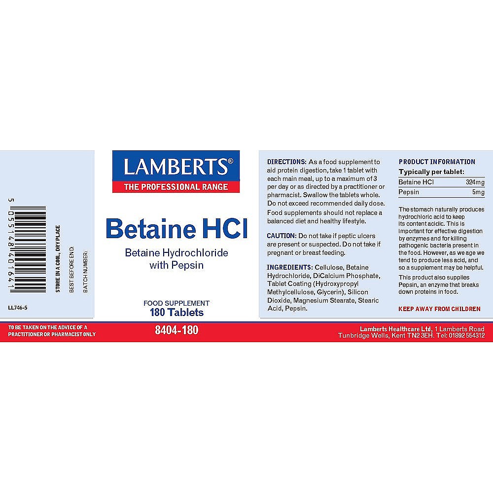 Lamberts Betaine HCl 324mg /Pepsin 5mg