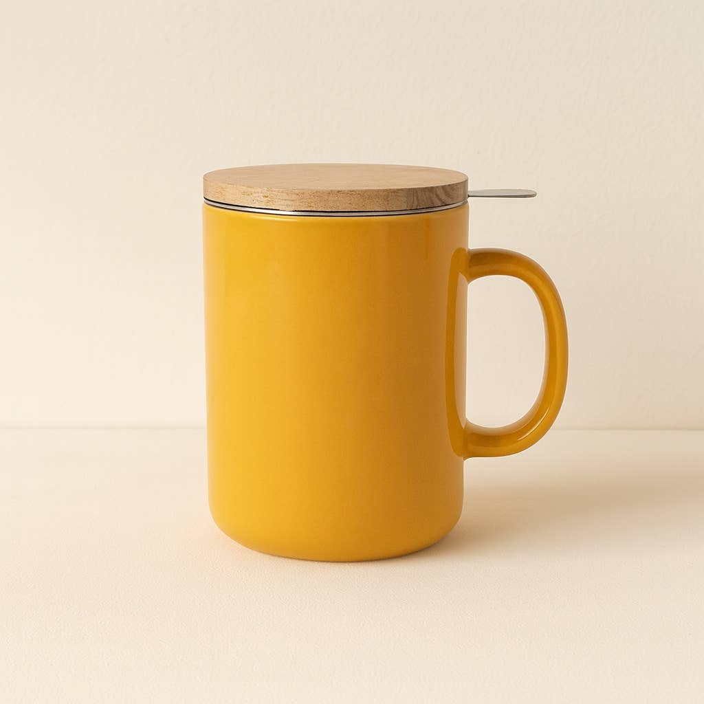 Anna 350ml yellow stoneware tea pot with wooden lid